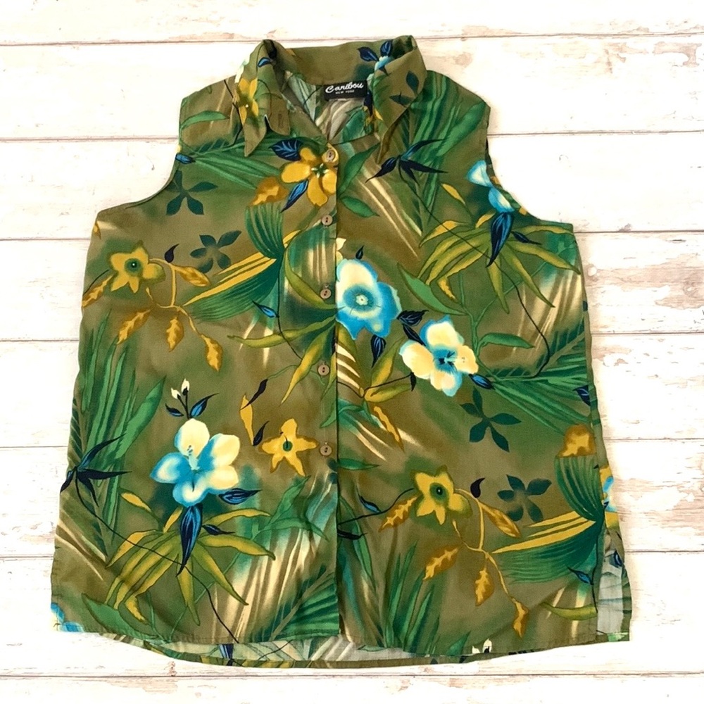 Women’s L/G Green Floral Plants Print Button Up Sleeveless Shirt Size Large
